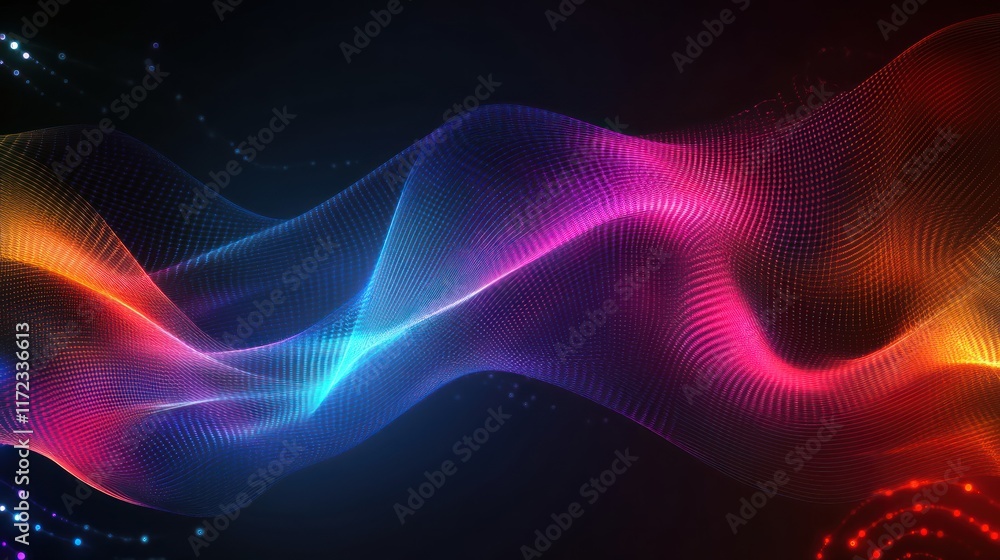Fototapeta premium Abstract colorful wave design with glowing lines on a dark background.
