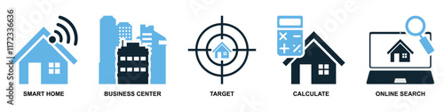 Real estate property, house residential building architecture. Containing smart home, calculate and buyer vector glyphs pictogram sign icon symbol ui and ux design