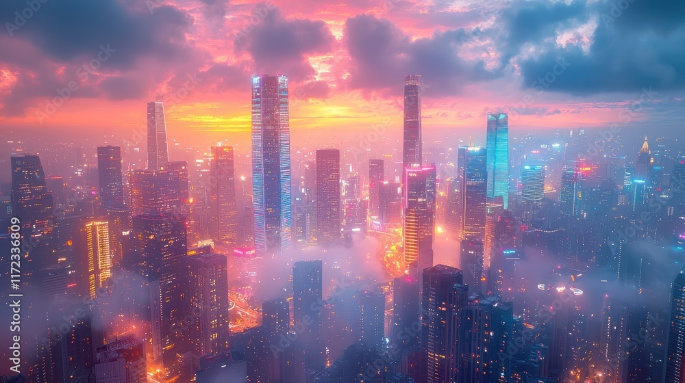 Vibrant city skyline at sunset with fog. Vibrant city skyline at sunset with fog.