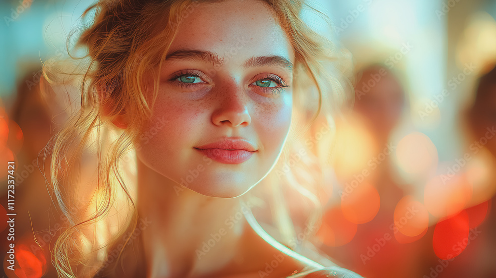 Golden Hour Radiance: A young woman with luminous blonde hair and captivating blue eyes, bathed in the warm glow of the setting sun, exudes a timeless beauty and serene confidence. Golden Hour Radiance: A young woman with luminous blonde hair and captivating blue eyes, bathed in the warm glow of the setting sun, exudes a timeless beauty and serene confidence.