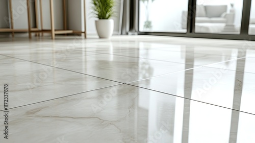 Modern living room, shiny marble floor, reflecting light, interior design. © Rapit