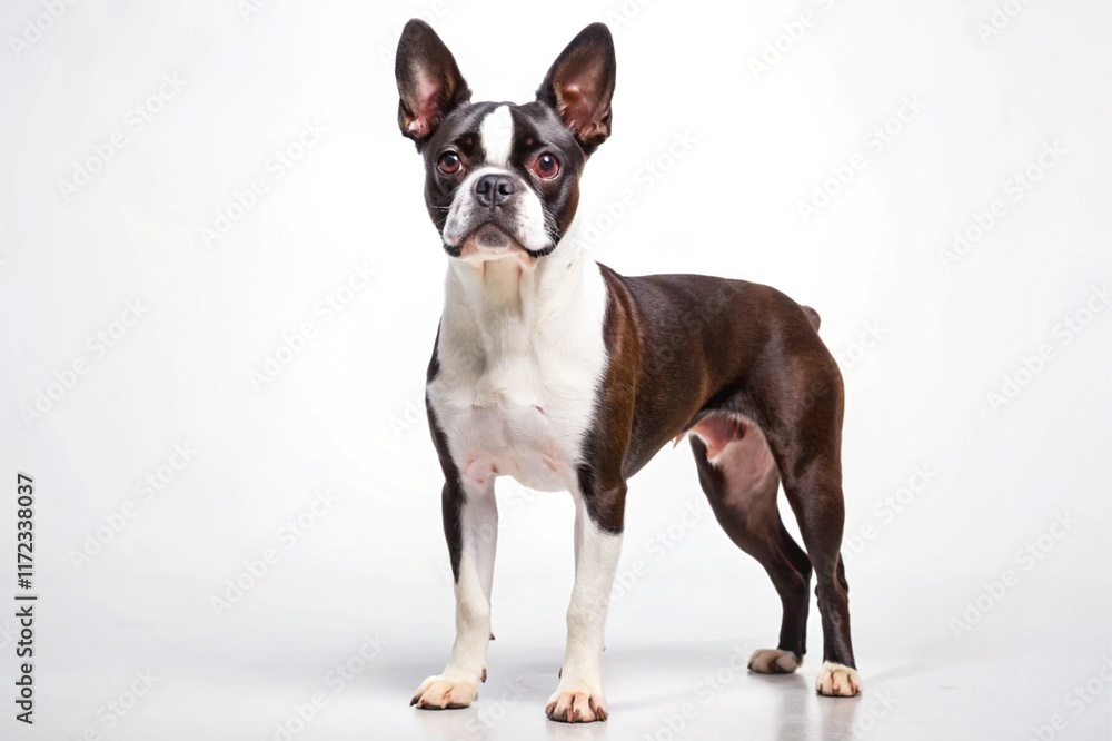 A small dog with black and white fur stands on a white surface A small dog with black and white fur stands on a white surface