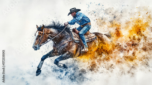 Wallpaper Mural dynamic watercolor painting of cowboy riding horse, showcasing action and energy Torontodigital.ca