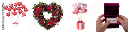 Wallpaper Mural set of A red rose in the shape of a heart, ring box in someone's hand, holiday gift box with heart-shaped balloons and red ribbon flying, Happy Valentine's Day banner, on a transparent backgrounds Torontodigital.ca