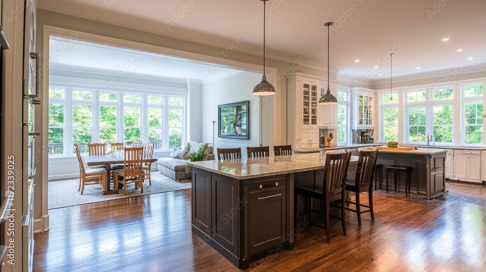 Open-concept design featuring a central island in the kitchen and seamless transitions to living spaces Open-concept design featuring a central island in the kitchen and seamless transitions to living spaces