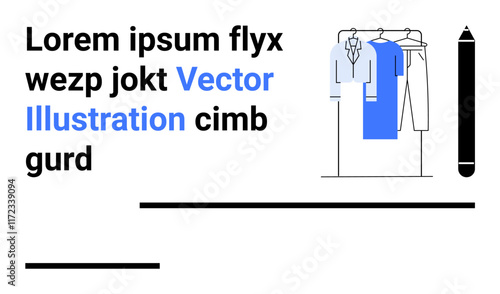 Clothing rack displaying shirts and a dress with text elements, separated by black lines and a pencil. Ideal for fashion design, retail, e-commerce, marketing, branding, graphic design, creative