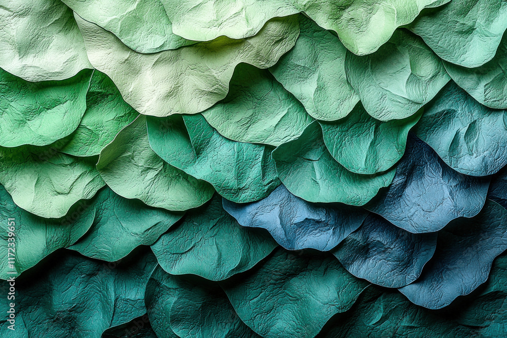 Obraz premium Green-blue textured paper waves layered background for design