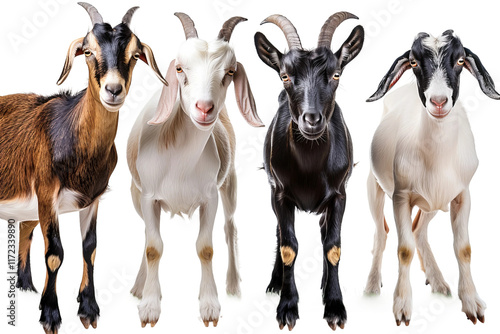 4 type of goats breeds standing set collection isolated on white background photo