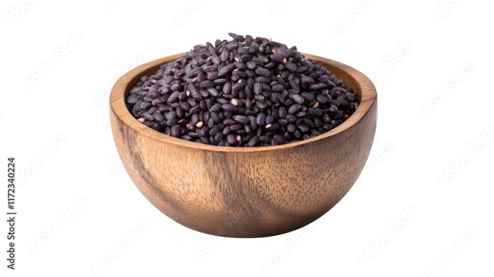 Black rice in wooden bowl isolated on white transparent background Black rice in wooden bowl isolated on white transparent background