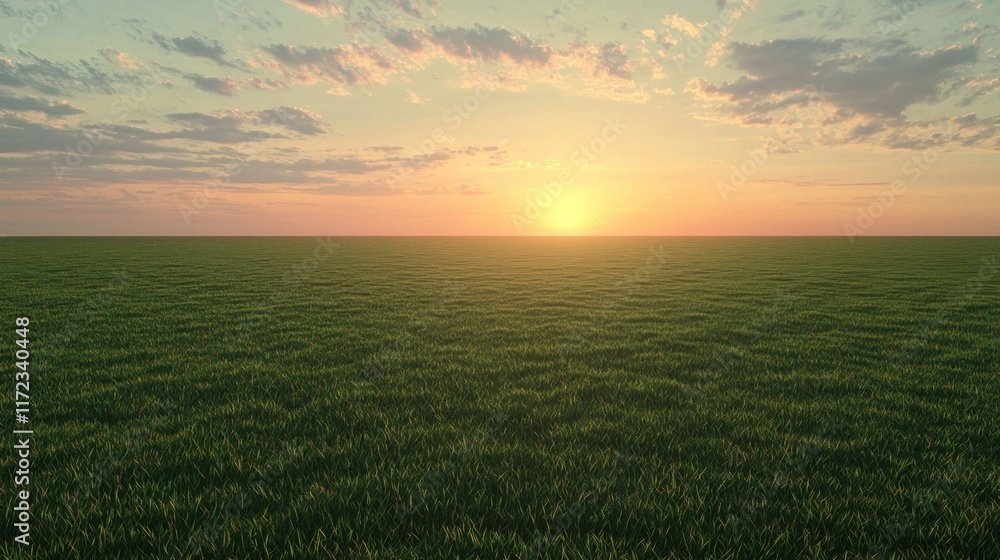 Serene sunset over a vast green field under a colorful sky. Serene sunset over a vast green field under a colorful sky.