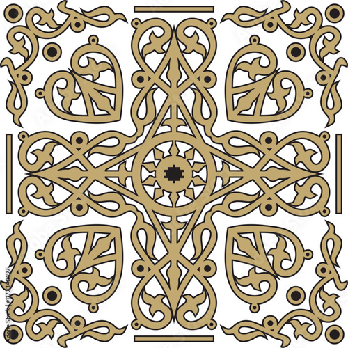 Vector gold on a black background Yakut amulet. Ornament of the ancestors of the northern peoples of the tundra. Talisman, amulet, protection symbol of longevity and infinity
