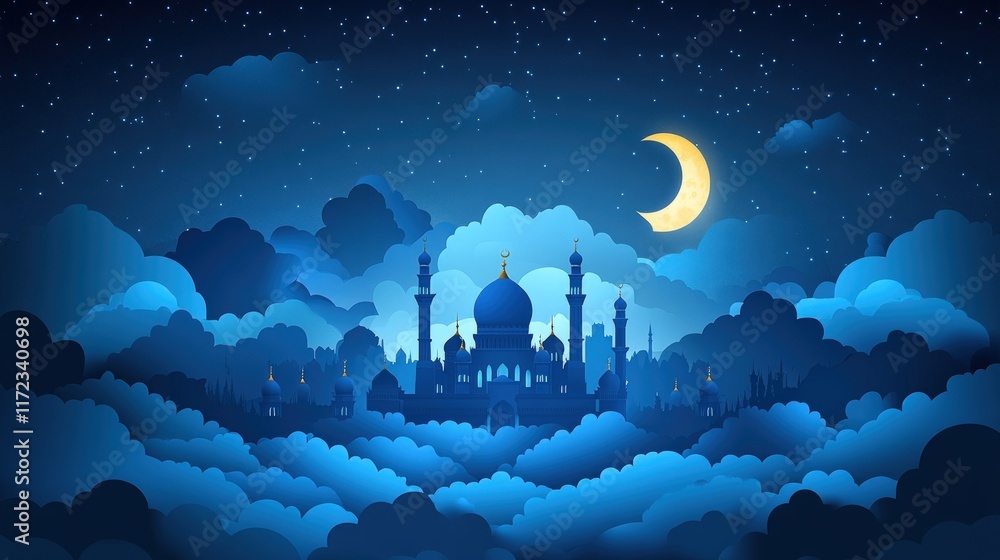 Naklejka premium Night scene of a mosque nestled in clouds under a crescent moon and starry sky.