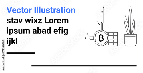Cryptocurrency symbol B with circuit lines, grid pattern background, and potted plant. Ideal for fintech, blockchain, investment, digital currency, financial technology, eco-tech, tech startups