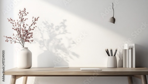 Wallpaper Mural Minimalist Home Office Desk Setup with Sunlight and Flowers Torontodigital.ca