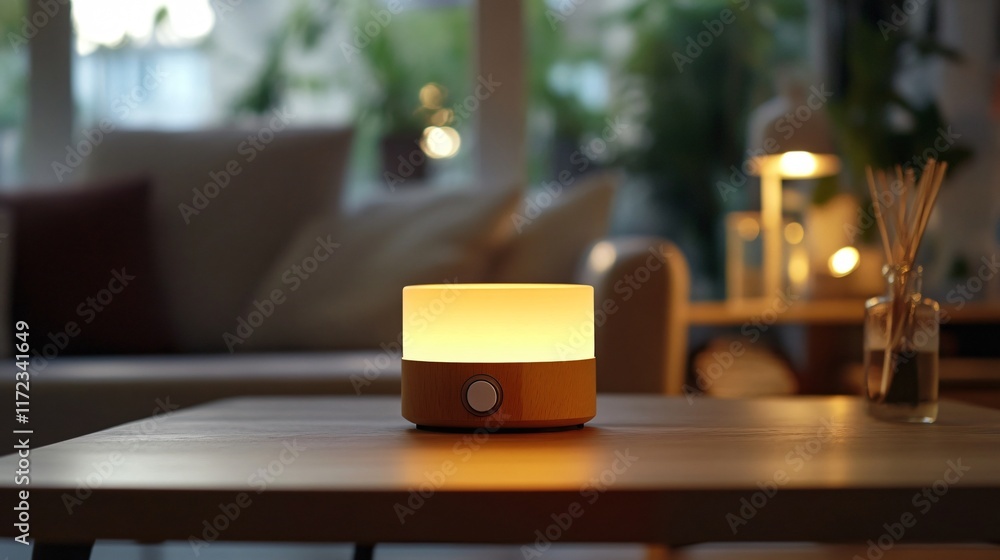 Illuminated diffuser glowing on living room table Illuminated diffuser glowing on living room table