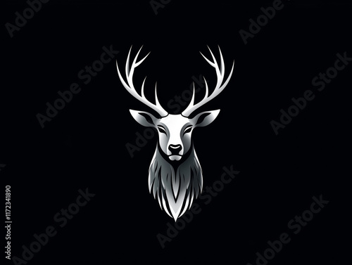 Logo design featuring a silver deer head with antlers and a beard on a black background. photo