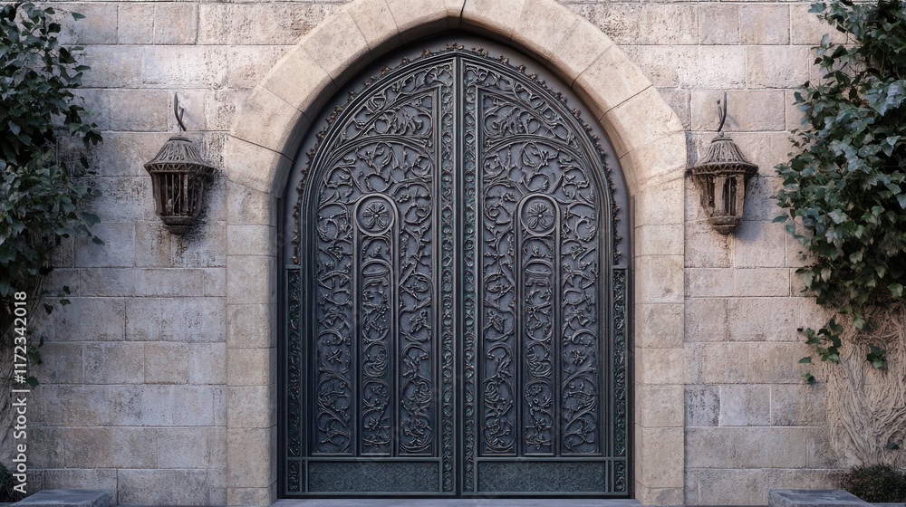 Fototapeta premium Ornamental gate with a medieval-inspired design, featuring arched patterns and embossed motifs