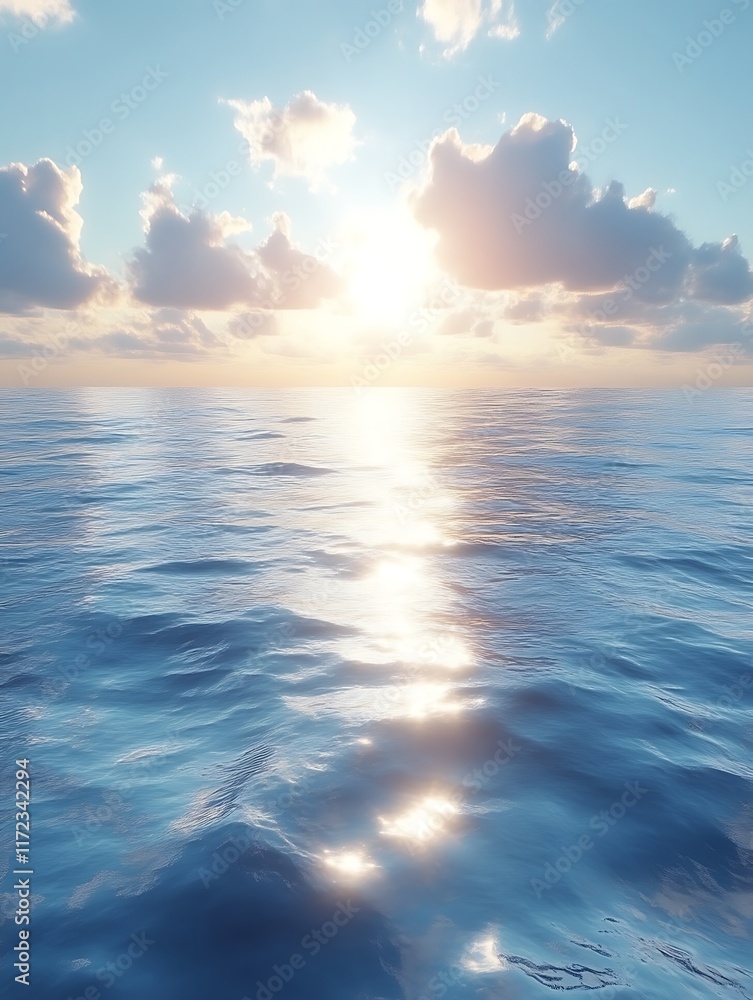 Obraz premium Serene ocean sunset with calm waves and glowing sunlight.
