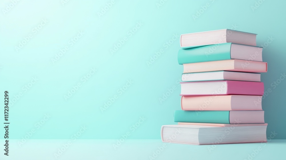 Pastel Colored Books Stacked on a Light Teal Background A Delightful Image of a Stack of Books in Soft Pastel Hues Against a Calm Teal backdrop Pastel Colored Books Stacked on a Light Teal Background A Delightful Image of a Stack of Books in Soft Pastel Hues Against a Calm Teal backdrop