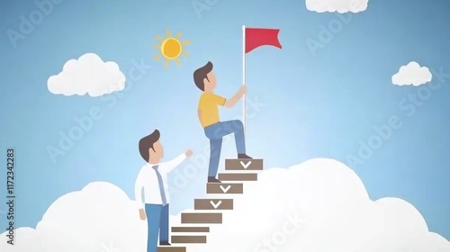 Motivated man climbing a stairway to success, with a colleague providing support. Motivational concept, showing upward mobility and reaching goals. photo