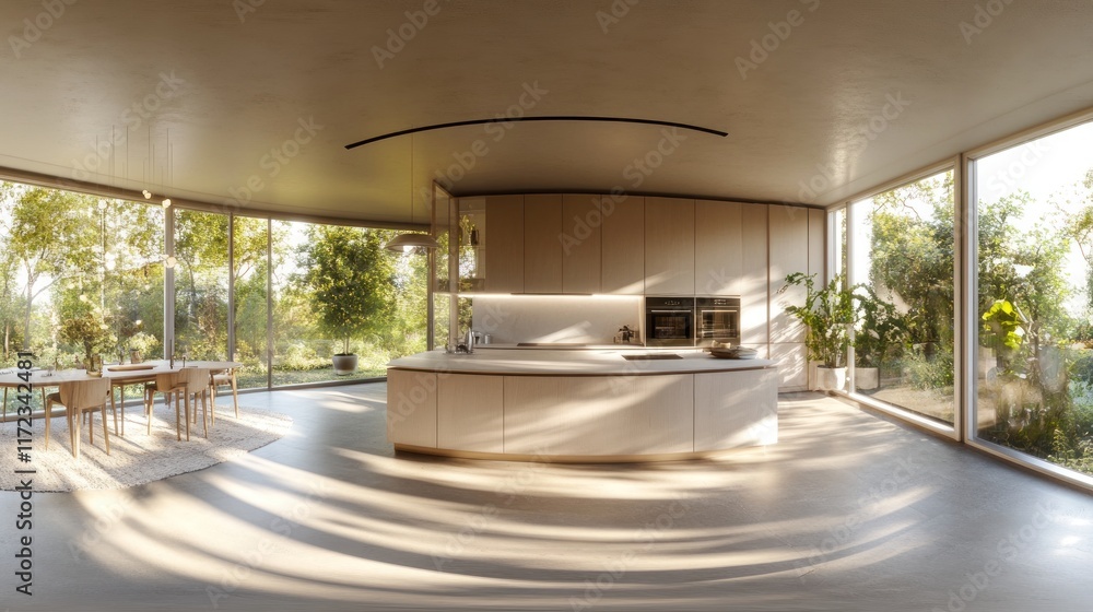 Fototapeta premium Modern kitchen with large windows, natural light, and greenery.