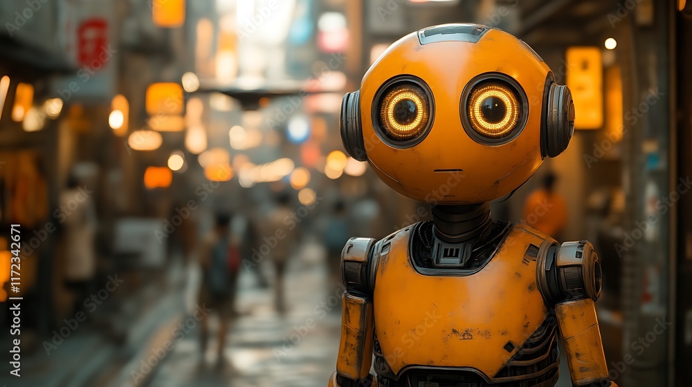 Cute orange robot in a city. Cute orange robot in a city.