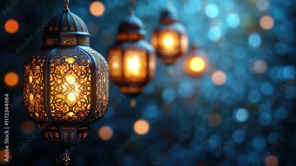 Intricate metal lanterns glowing warmly against a blurred blue background, evoking a festive atmosphere. Intricate metal lanterns glowing warmly against a blurred blue background, evoking a festive atmosphere.