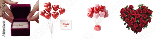 Wallpaper Mural set of A red rose in the shape of a heart, ring box in someone's hand, holiday gift box with heart-shaped balloons and red ribbon flying, Happy Valentine's Day banner, on a transparent backgrounds Torontodigital.ca