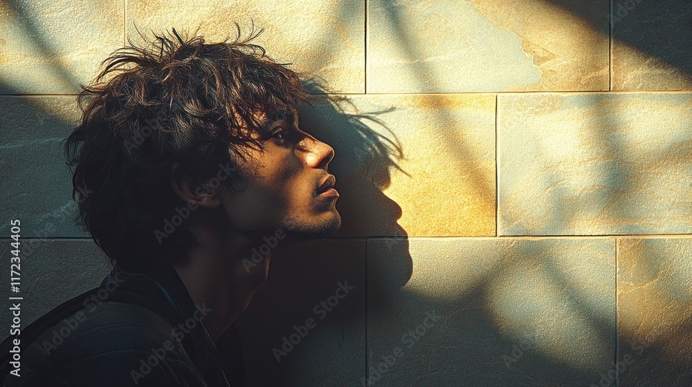 Fototapeta premium Pensive young man's profile, sunlight shadow on wall.