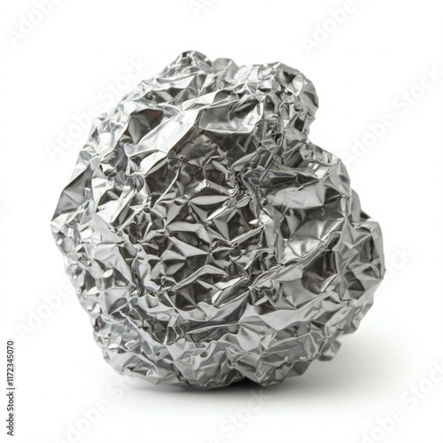 closeup of a crumpled ball of aluminum foil on a white background