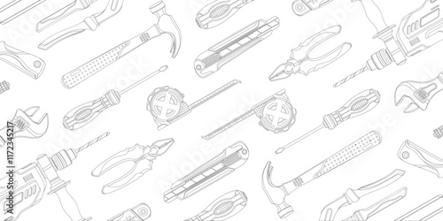 Home repair banner pattern. Construction tools. Hand tools for home renovation and construction. Flat style, vector illustration.