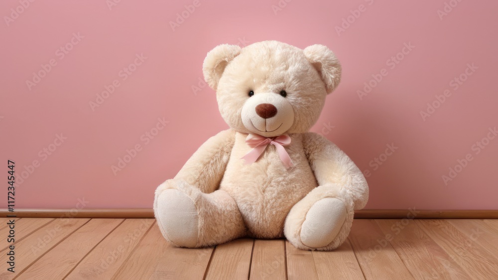 Obraz premium A fluffy brown teddy bear sitting on floor, isolated and cuddly, perfect for childhood memories and as a lovable gift
