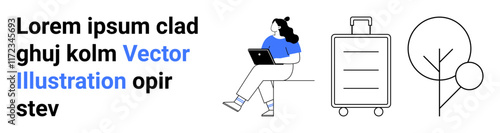 Woman with laptop, suitcase, stylized tree, and dummy text. Ideal for travel, lifestyle, work, remote work, technology, minimalism, landing page