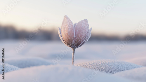 Glistening frozen flower against a tranquil snowy scene