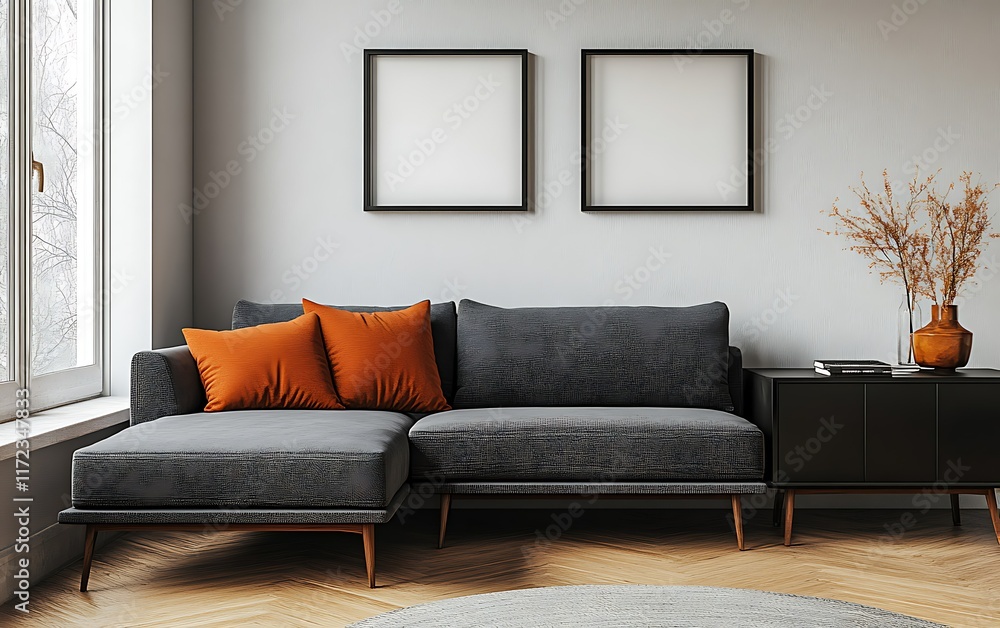 Fototapeta premium Modern grey sectional sofa in minimalist living room.