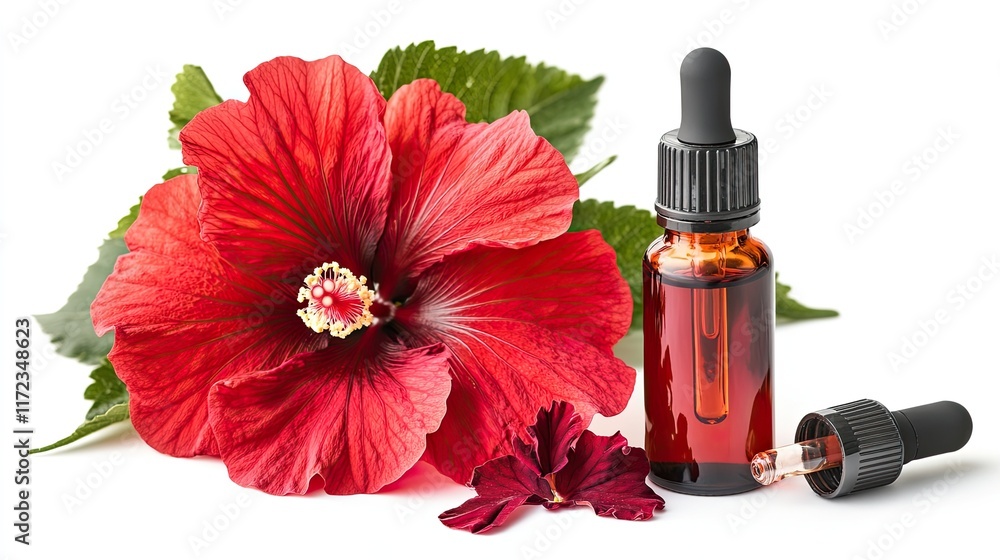 Fototapeta premium Red hibiscus flower and essential oil bottle.