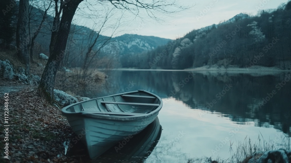 Serene lake landscape with a small, weathered rowboat resting on the shore. Serene lake landscape with a small, weathered rowboat resting on the shore.