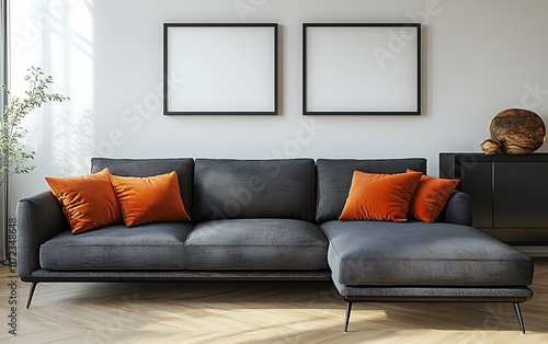 Modern sectional sofa in bright living room. (1) photo