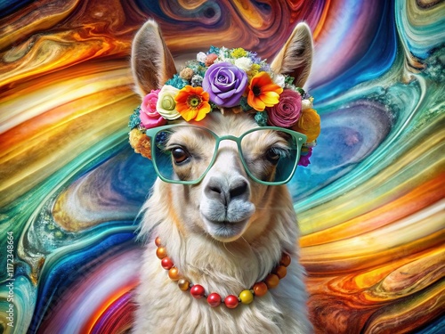 Cool Llama Portrait: Agate Gemstone Background, Sunglasses, Flowers