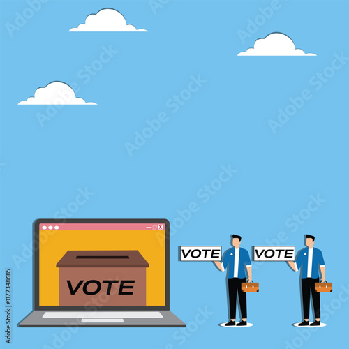 Voting, questionnaires, elections, polls, democratic rights, businessmen standing in rows with ballots for voting