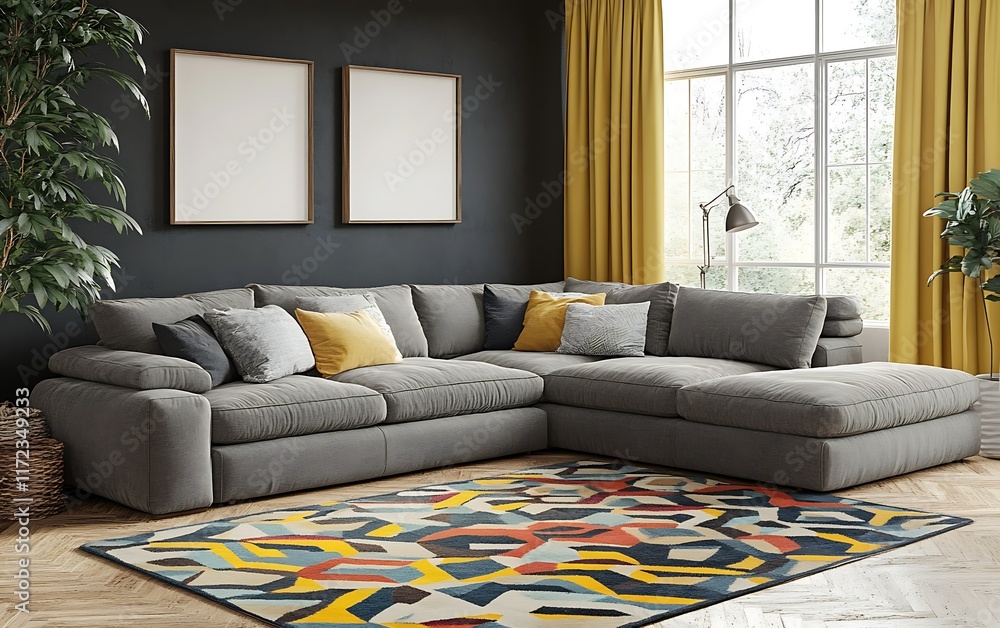 Fototapeta premium Modern living room sectional sofa, patterned rug, large window.