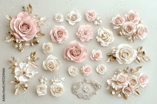 A set of romantic watercolor rose flowers in shades of pink and ivory, perfect for wedding cards. photo