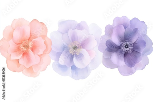 A set of three pastel watercolor flowers in soft pink and lavender hues, isolated on white for elegant designs. photo