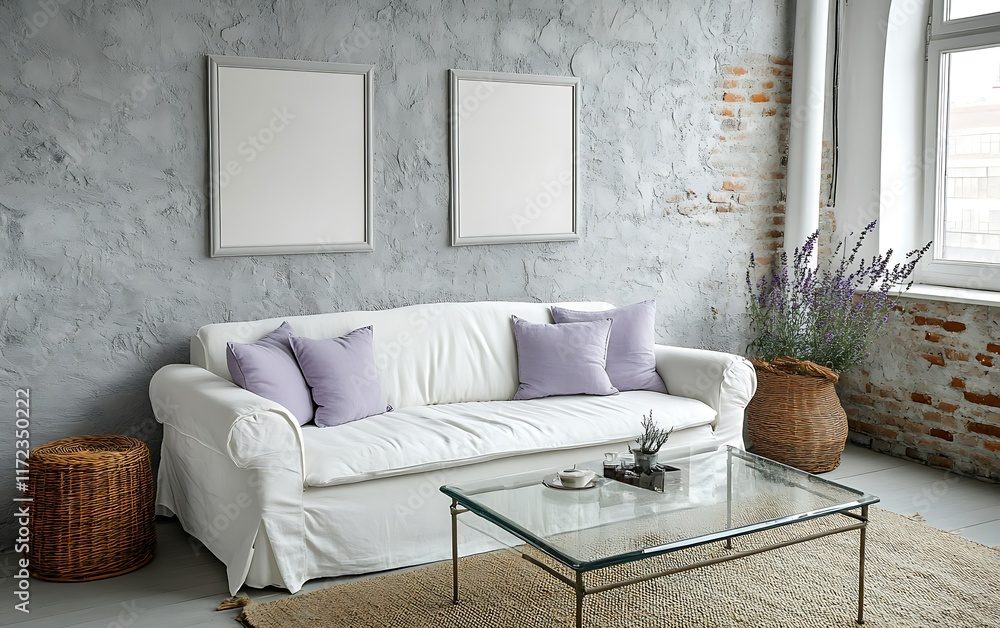 Fototapeta premium Cozy living room, white sofa, lavender, loft interior, mockup frames.