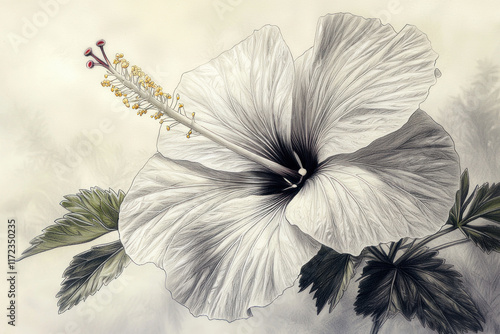 White hibiscus bloom, detailed drawing, soft background, potential art print