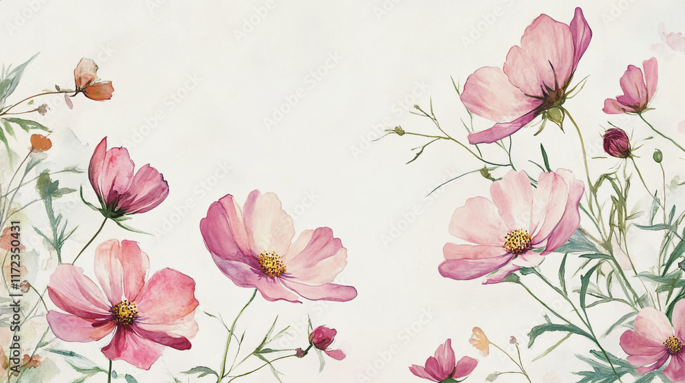 Obraz premium graphic design, rose, holiday, postcard, valentine's day, paint, pastel colored, rsvp card, cosmos, wedding background, pattern, celebration, blossom, hand-painted, foliage, pastel, painting, luxury, 
