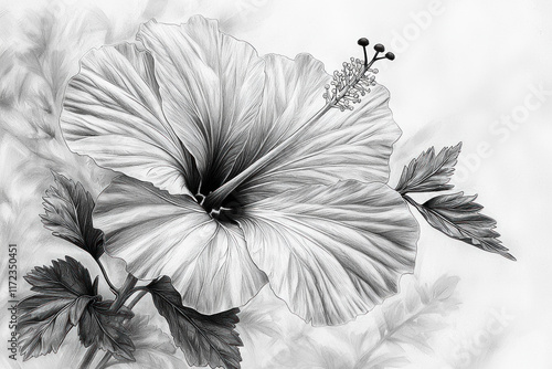 Monochrome hibiscus bloom, detailed drawing, soft background, floral art print