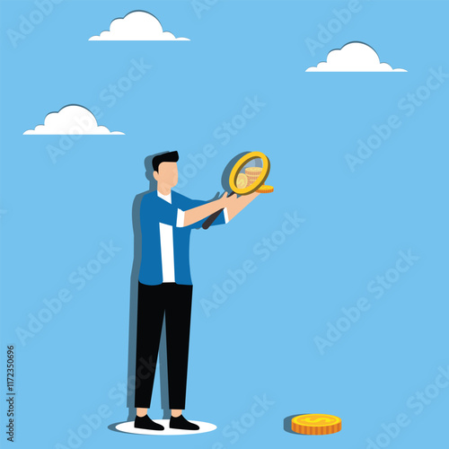 Preventing and distinguishing financial traps or scams, being alert to telecommunication fraud or financial scams, a businessman holding a magnifying glass and examining a single gold coin placed by h