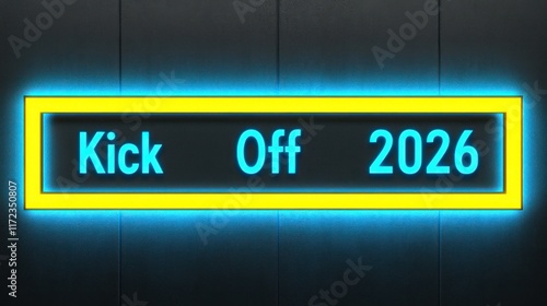 Neon sign, glowing blue and yellow, displaying the words 