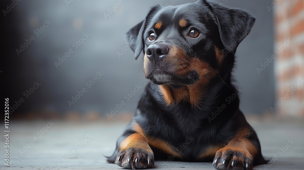 Fototapeta premium Rottweiler Portrait: A captivating portrait of a Rottweiler dog, with his gaze directed towards the camera, showcasing his intelligent and gentle nature.